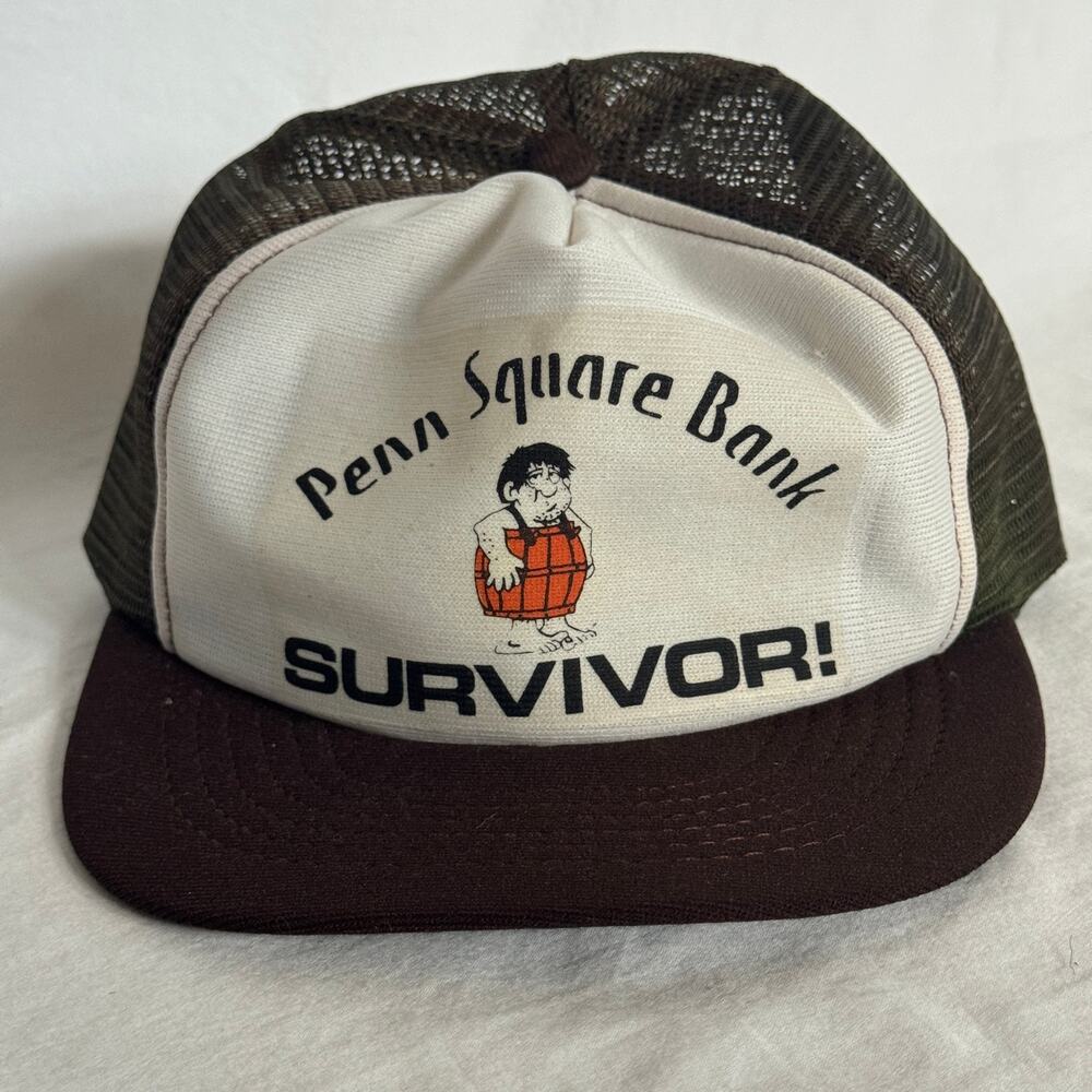 Vintage 80s Penn Square Bank Survivor Cartoon Trucker Hat Snapback
